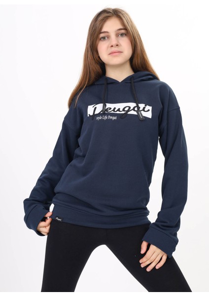 Lacivert Yazı Nakışlı Kapüşonlu Kız Çocuk Sweatshirt 16445