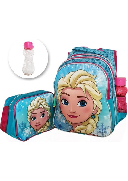 Mavi Frozen Elsa Sırt Çantası + Beslenme + Suluk - Elsa Ilkokul Çantası Karlar Ülkesi Okul Çantası