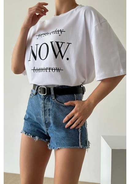 Deli Dolu Moda Kadın Oversize Pamuk Yesterday Baskılı T-Shirt Yesterday