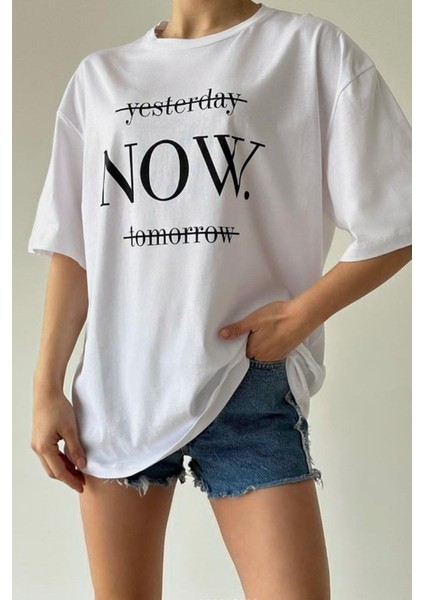 Deli Dolu Moda Kadın Oversize Pamuk Yesterday Baskılı T-Shirt Yesterday