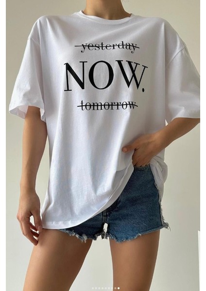 Deli Dolu Moda Kadın Oversize Pamuk Yesterday Baskılı T-Shirt Yesterday