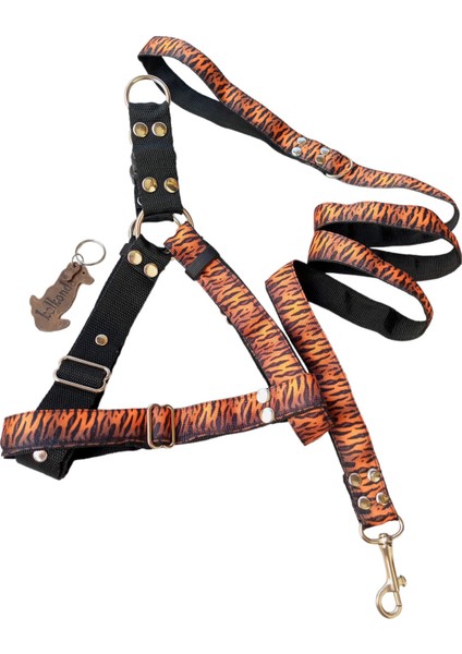 Köpek göğüs tasması ve kayışlı set siyah turuncu kolon göğüs ölçüsü:45-80cm ayarlamalı gezdirme kayışı:120cm dog harness TB3-14
