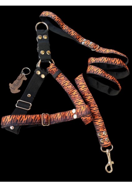 Köpek göğüs tasması ve kayışlı set siyah turuncu kolon göğüs ölçüsü:45-80cm ayarlamalı gezdirme kayışı:120cm dog harness TB3-14