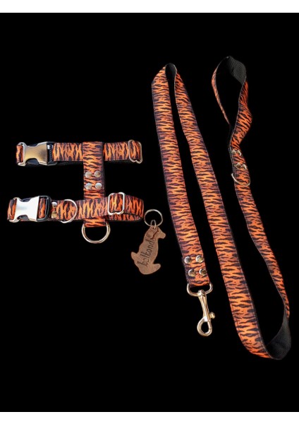 Köpek göğüs tasması ve kayışlı set H tipi küçük ırk turuncu siyah göğüs ölçüsü:25-40cm ayarlamalı gezdirme kayışı:120cm dog harness TB3-12