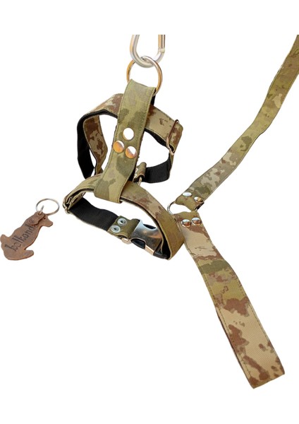 Köpek göğüs tasması ve kayışlı takım kamuflaj kumaş H tipi göğüs ölçüsü:25-40cm ayarlamalı gezdirme kayışı:120cm dog harness TB3-13
