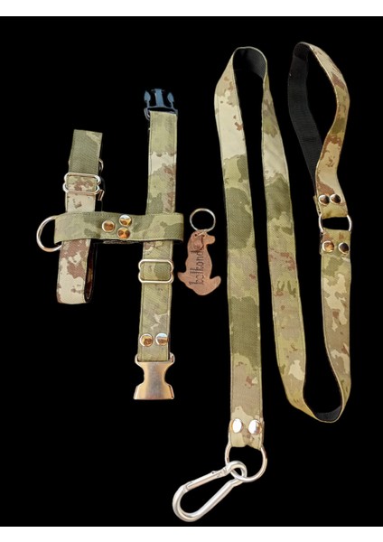 Köpek göğüs tasması ve kayışlı takım kamuflaj kumaş H tipi göğüs ölçüsü:25-40cm ayarlamalı gezdirme kayışı:120cm dog harness TB3-13