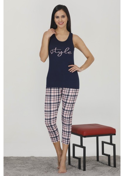 Lacivert Renk Ekose Desenli Lady 12030 Kısa Kol Kapri Pijama Takımı;