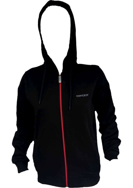 Siyah Kadın Üç Iplik Şardonlu Uzun Kol Cepli Fermuarlı Kapşonlu Spor Ceket 17908