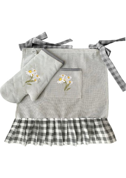 Papatya Nakışlı, Fırfırlı, Buldan Keten Fırın Önlüğü (Örtüsü) ve Eldiveni