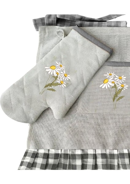 Papatya Nakışlı, Fırfırlı, Buldan Keten Fırın Önlüğü (Örtüsü) ve Eldiveni fiyatları