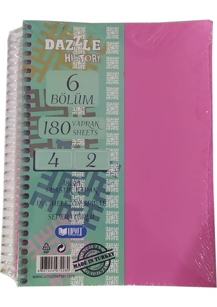 Orta Boy 4+2 Ayraçlı Defter 6 Konulu 180 Yaprak 1 Adet 4 Kareli 2 Çizgili Spralli Plastik Kapak Seperatörlü 18X25 cm
