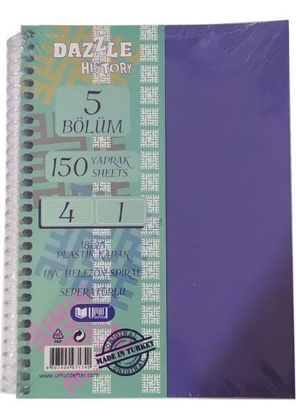 Orta Boy 4+1 Ayraçlı Defter 5 Konulu 150 Yaprak 1 Adet 4 Kareli 1 Çizgili Spralli Plastik Kapak Seperatörlü 18X25 cm