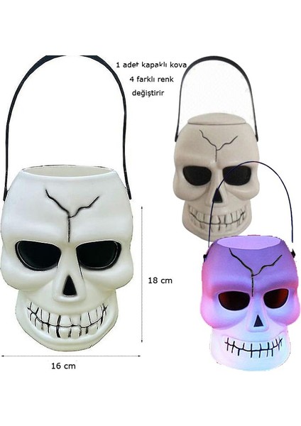 Işıklı Kuru Kafa Şeklinde Halloween Kapaklı Şeker Toplama Kovası Plastik 1 Adet fiyatları
