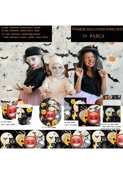 Halloween Temalı 53 Parça Emoji Korku Partisi Sofra Seti 16 Kişilik