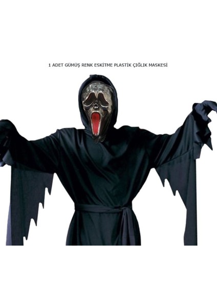 Ghost Scream Mask Kapüşonlu Plastik Çığlık Hayalet Maskesi Eskitme Gümüş Renk