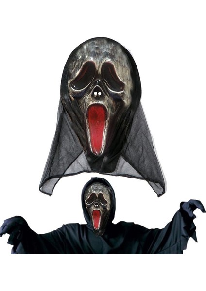 Ghost Scream Mask Kapüşonlu Plastik Çığlık Hayalet Maskesi Eskitme Gümüş Renk