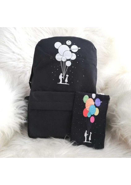 Balonlu Astronot Okul Çantası ve Bez Cüzdan Seti
