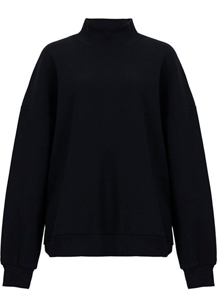 KadınSlogan Baskılı Dik Yaka Siyah Sweatshırt