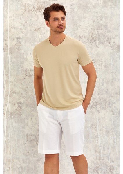 Gımaldo Erkek V Yaka Tişört - Bej fırsatları