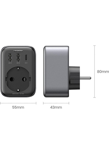 Akım Korumalı Duvar Prizi 2xUSB-A, USB-C 30W GaN Hızlı Şarj Cihazı - 90613