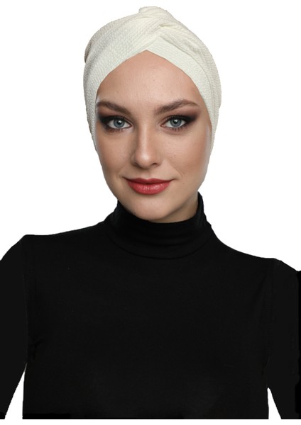 Çapraz Fitilli Penye Krem Hazır Türban Tesettür Havuz Bonesi modelleri