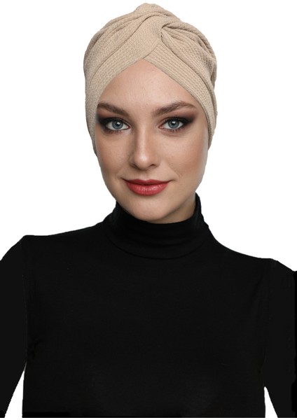 Çapraz Fitilli Penye Bej Hazır Türban Tesettür Havuz Bonesi