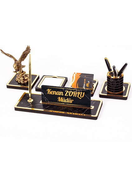 Mermer Desenli Kartal Biblolu Ahşap Masa Isimliği Ofis Isimlik