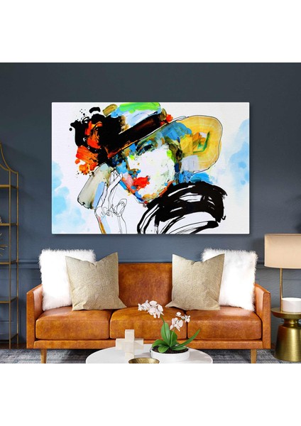 Büyük Şapkalı Model Moda Çizimi Fashion Sulu Boya Efektli Kanvas Tablo