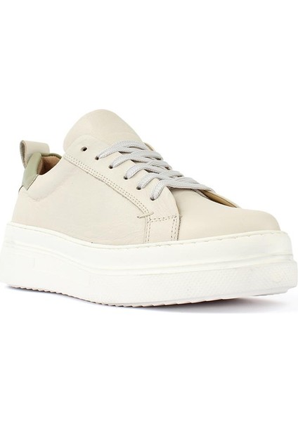 Kadın Bej Bağcıklı Kalın Tabanlı Deri Sneaker