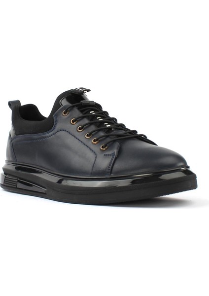 Erkek Lacivert Bağcıklı Kalın Tabanlı Deri Sneaker