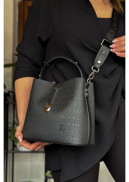 Siyah Renk Pamuk Dokuma Uzun Askılı 4 Bölmeli Kadın Çapraz Omuz ve El Çantası 22CM-20CM-9CM LB-4002