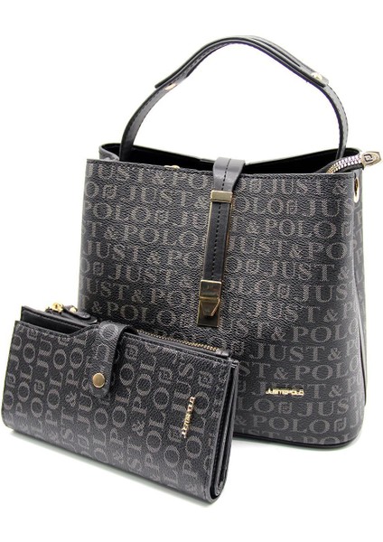 Baskı Desenli Özel Seri Çanta Cüzdan Kombini 2055-GD Siyah Kombin