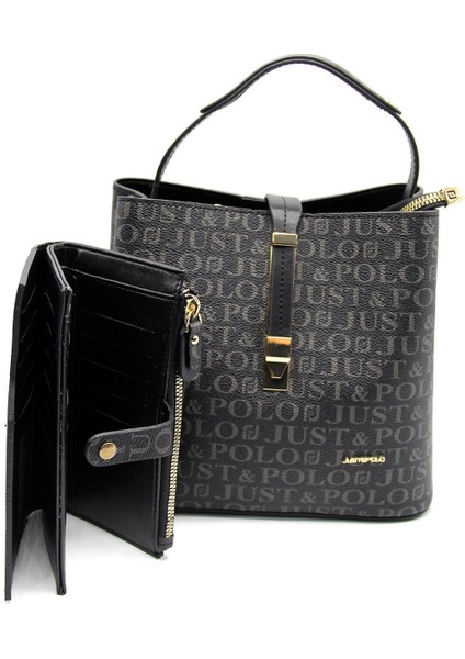 Baskı Desenli Özel Seri Çanta Cüzdan Kombini 2055-GD Siyah Kombin modelleri