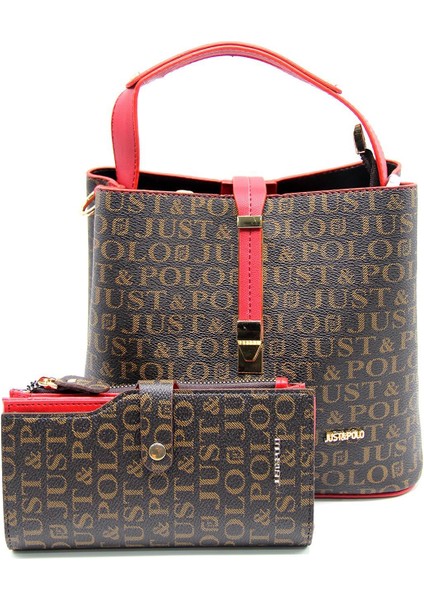 Baskı Desenli Özel Seri Çanta Cüzdan Kombini 2055-GD Kırmızı Kombin