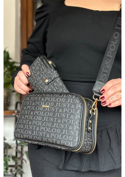 Uzun Askılı 5 Bölmeli Özel Seri Kadın Çapraz Postacı Omuz Çantası 2053-GD Siyah Kombin