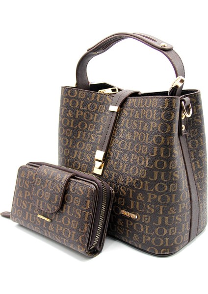 Baskı Desenli Özel Seri Çanta Cüzdan Kombini 2055-GD Kahverengi Kombin