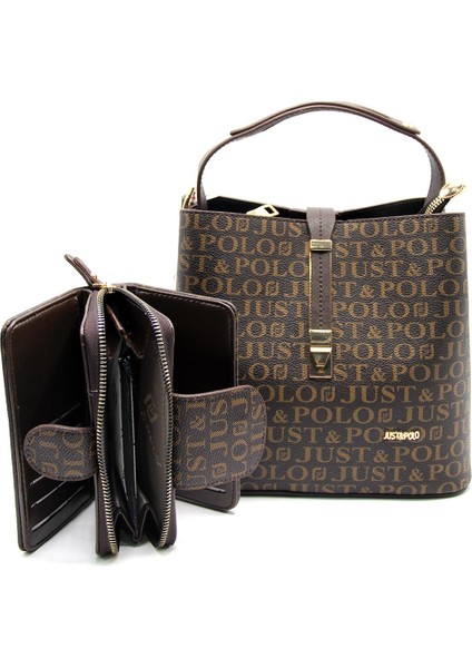 Baskı Desenli Özel Seri Çanta Cüzdan Kombini 2055-GD Kahverengi Kombin modelleri