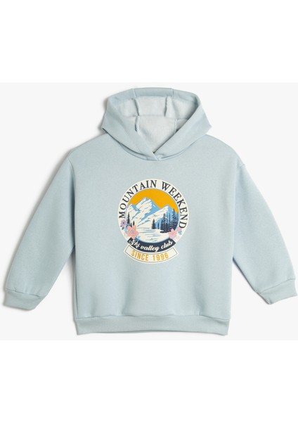 Kapşonlu Sweatshirt Baskı Detaylı Uzun Kollu Şardonlu