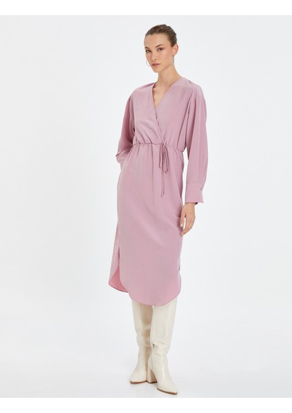 Midi Kruvaze Elbise Uzun Kollu Bağlama Detaylı