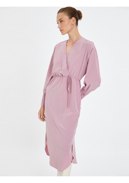 Midi Kruvaze Elbise Uzun Kollu Bağlama Detaylı fiyatları