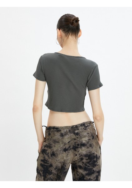 Crop Tişört Yıkamalı Kısa Kollu Yuvarlak Yaka Ribanalı Pamuklu fiyatları