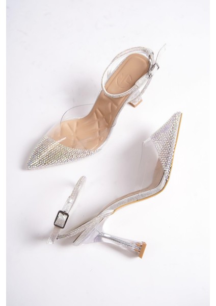 Vilnus Gümüş Taşlı Şeffaf Topuklu Stiletto Abiye Ayakkabı
