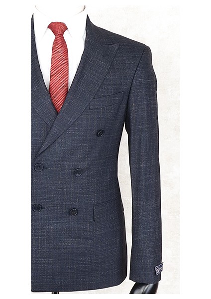 Slim Fit Sivri Yaka-Çift Yırtmaç Lacivert Kareli Kruvaze Drop 6 Takım Elbise