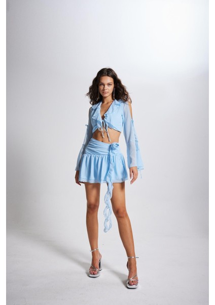 Gül Detaylı Şifon Carmen Etek Mavi