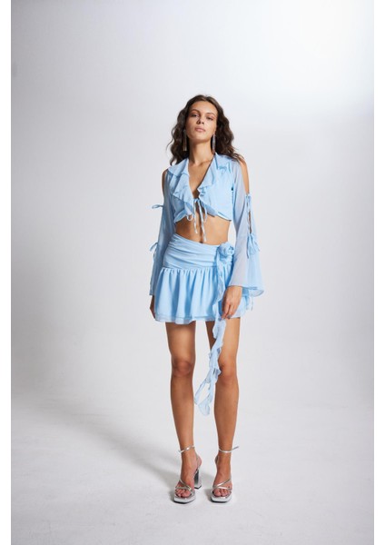 Gül Detaylı Şifon Carmen Etek Mavi modelleri