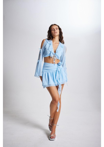 Gül Detaylı Şifon Carmen Etek Mavi indirimleri