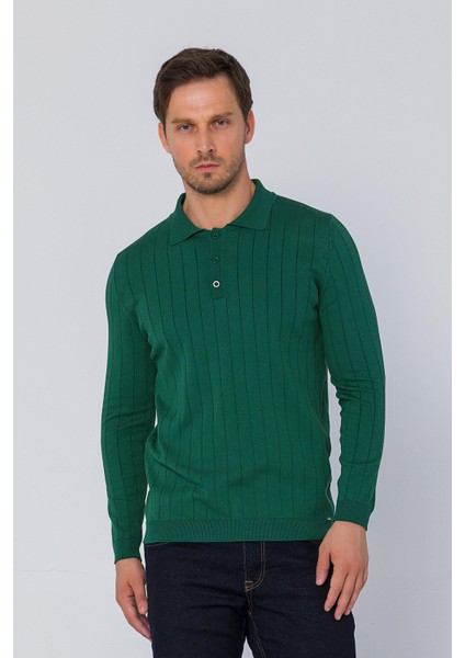 Erkek Regular Fit Düz Renk Polo Yaka Düğmeli Uzun Kollu Çizgili Triko Kazak