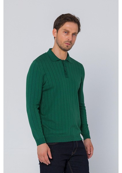 Erkek Regular Fit Düz Renk Polo Yaka Düğmeli Uzun Kollu Çizgili Triko Kazak modelleri