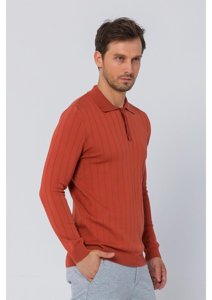 Erkek Regular Fit Düz Renk Polo Yaka Düğmeli Uzun Kollu Çizgili Triko Kazak modelleri