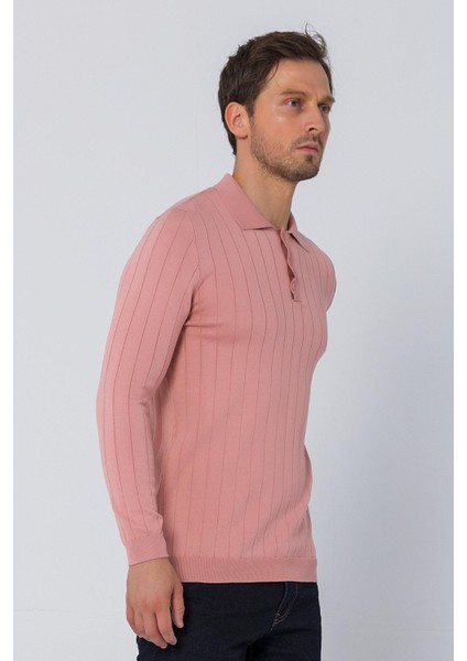 Erkek Regular Fit Düz Renk Polo Yaka Düğmeli Uzun Kollu Çizgili Triko Kazak